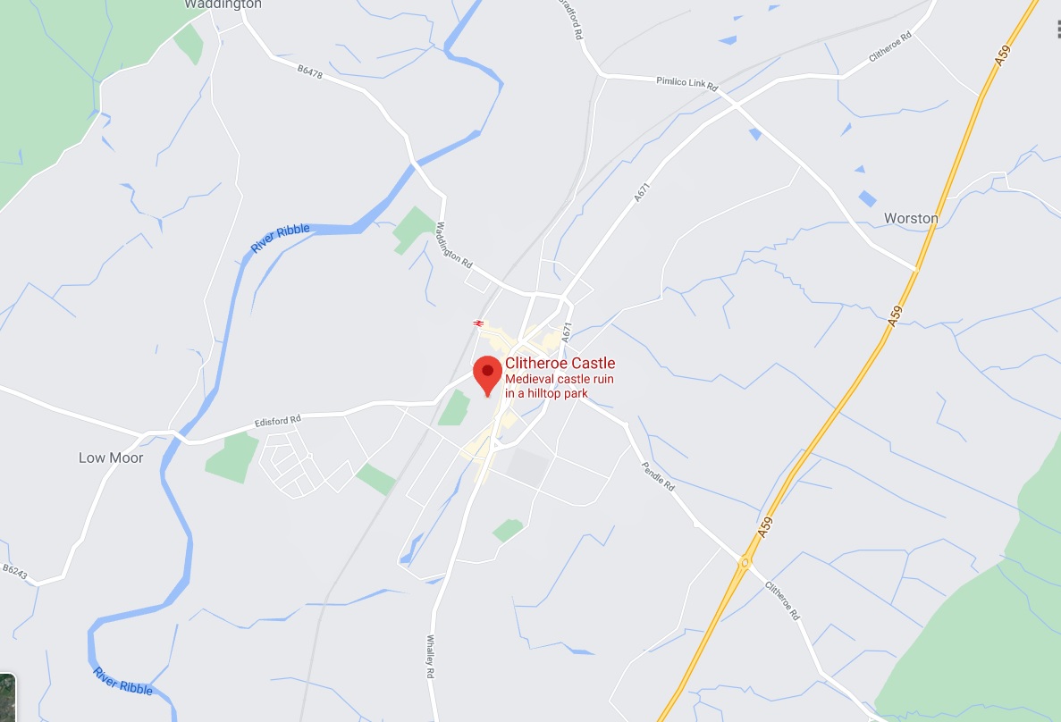 Map showing location of Clitheroe Castle