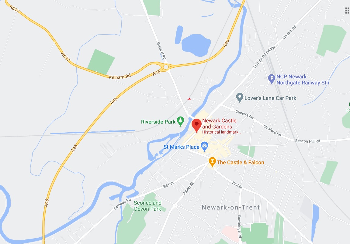 Map showing the location of Newark Castle