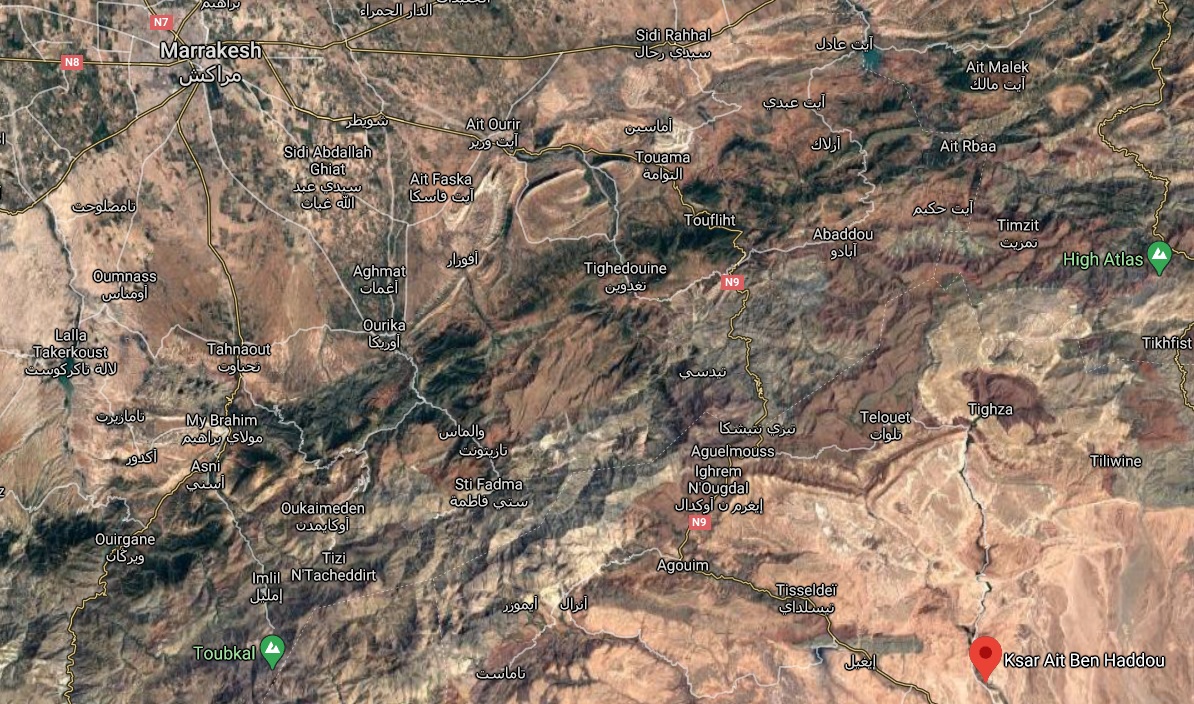 Map of Ait Ben Haddou in relation to Marrakesh