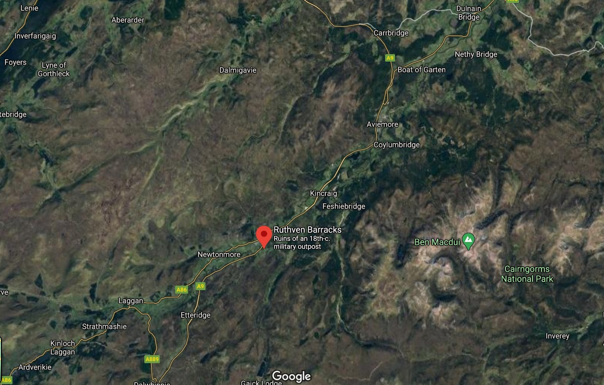 Map showing location of Ruthven Barracks