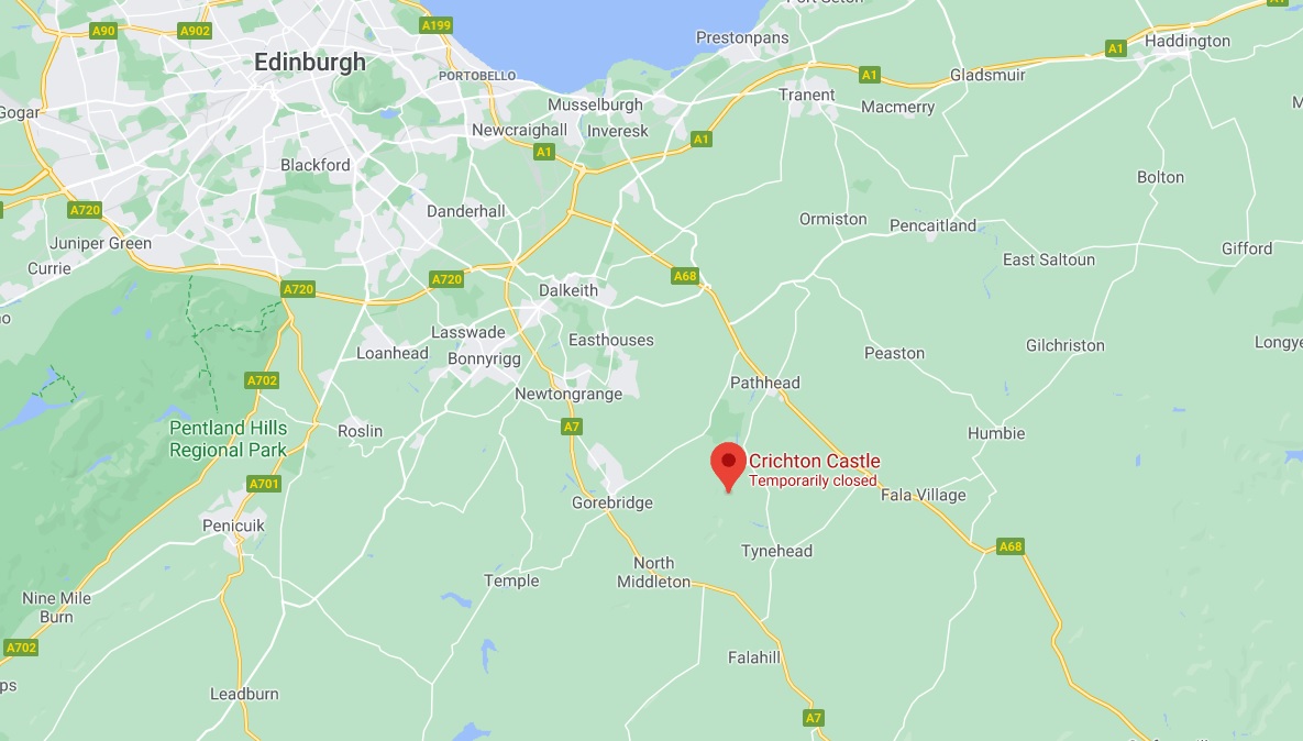 Map showing location of Crichton Castle